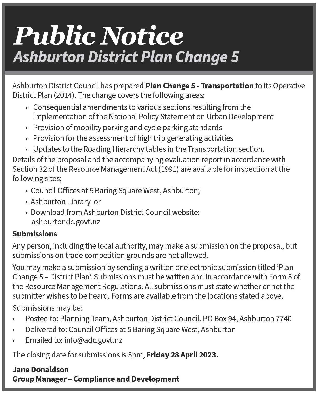 Public notice of plan change